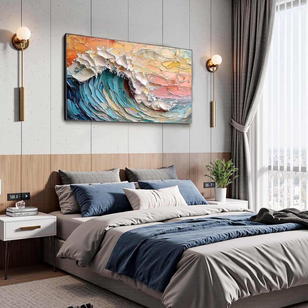 Ocean's Embrace hand-painted ocean blue, ivory and soft neutral tones textured ocean wave painting shown with white frame