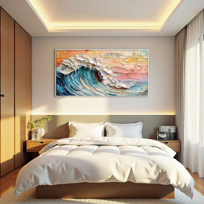 Ocean's Embrace hand-painted ocean blue, ivory and soft neutral tones textured ocean wave painting rolled canvas option