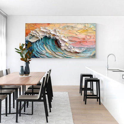 Ocean's Embrace hand-painted ocean blue, ivory and soft neutral tones textured ocean wave painting shown with wood frame