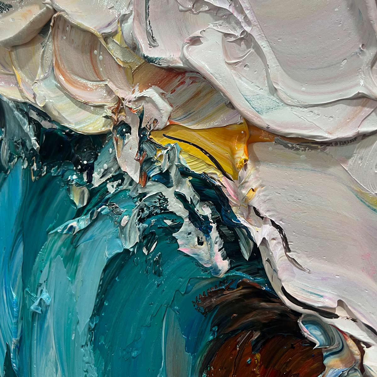 Ocean's Embrace hand-painted ocean blue, ivory and soft neutral tones textured ocean wave painting shown with black frame