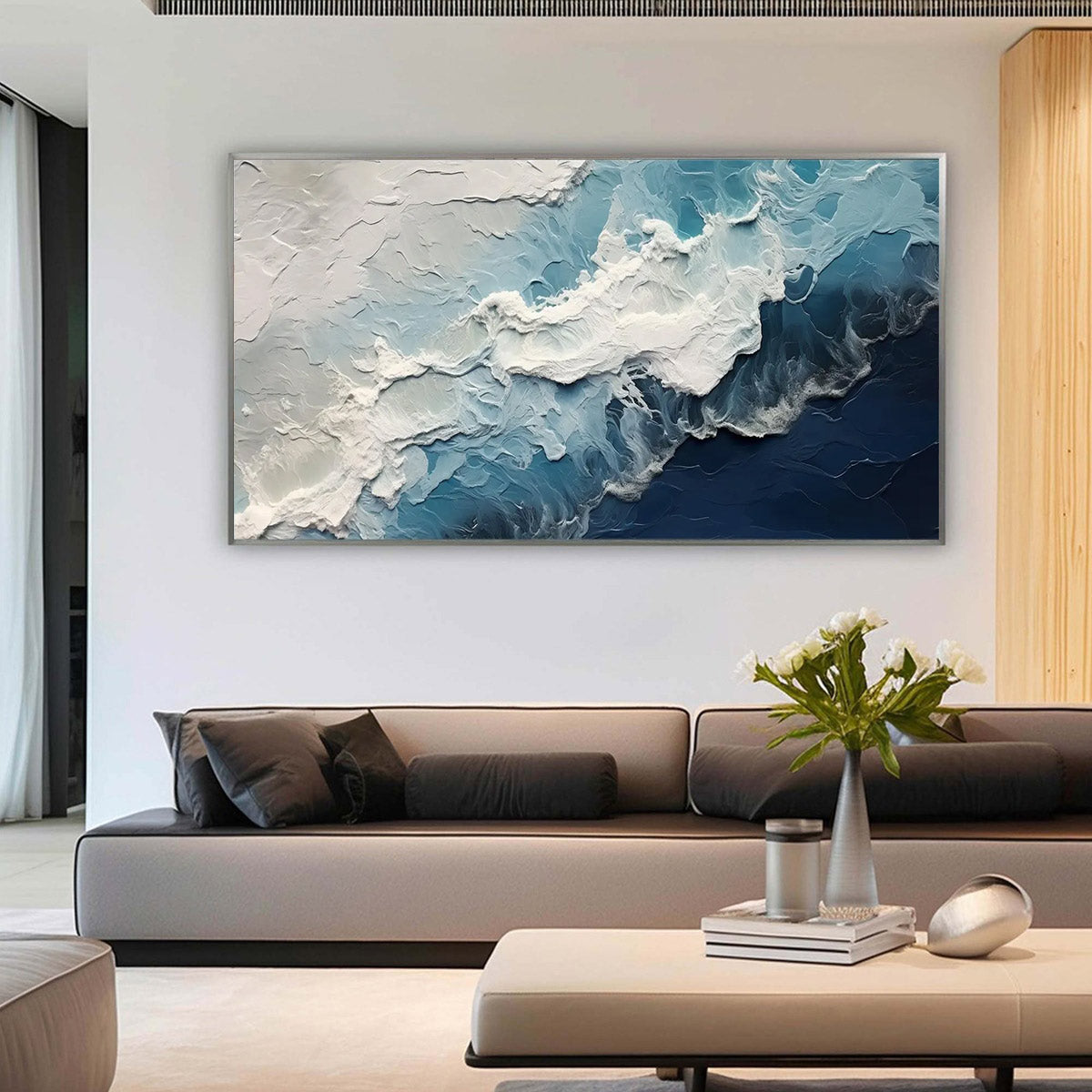 Ocean's Embrace hand-painted white and ocean blue textured coastal abstract painting shown as stretched canvas