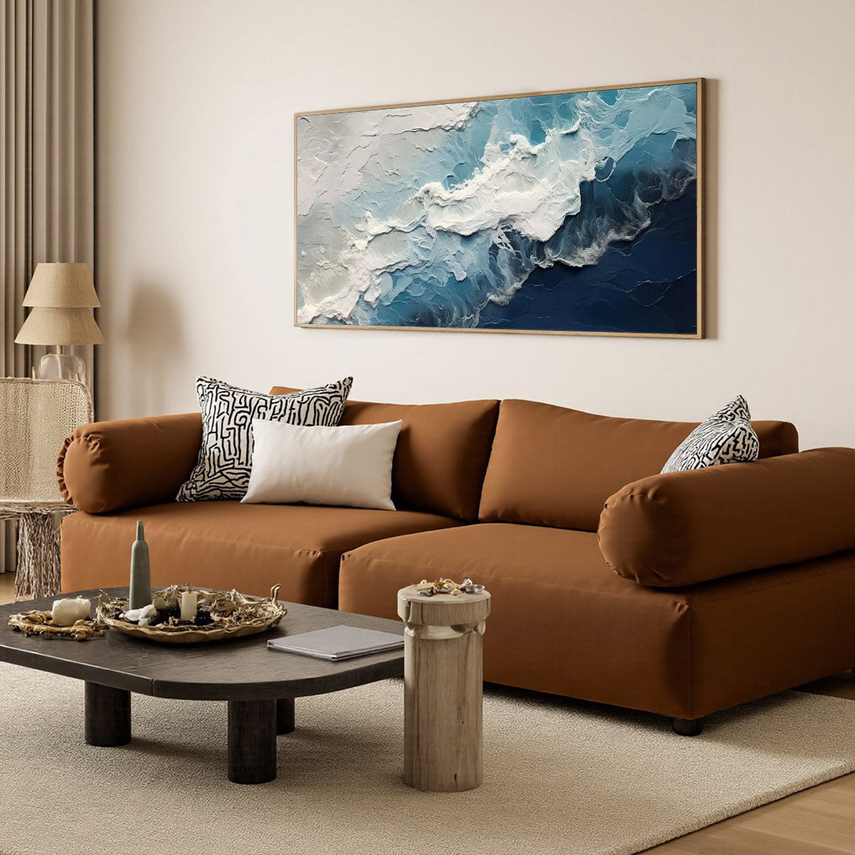 Ocean's Embrace hand-painted white and ocean blue textured coastal abstract painting shown with black frame