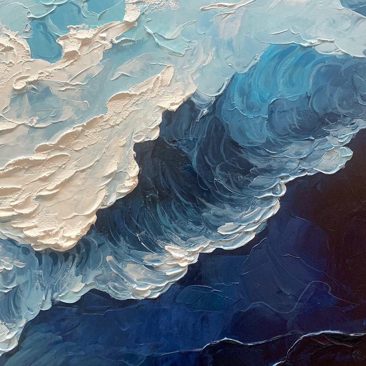 Ocean's Embrace hand-painted white and ocean blue textured coastal abstract painting shown with wood frame