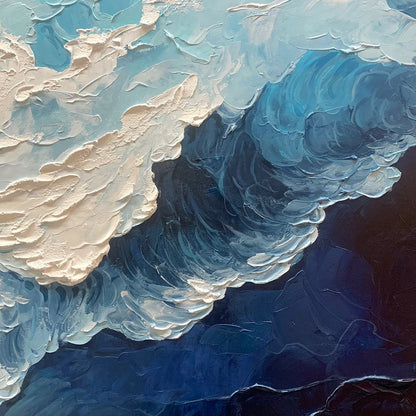 Ocean's Embrace hand-painted white and ocean blue textured coastal abstract painting shown with wood frame