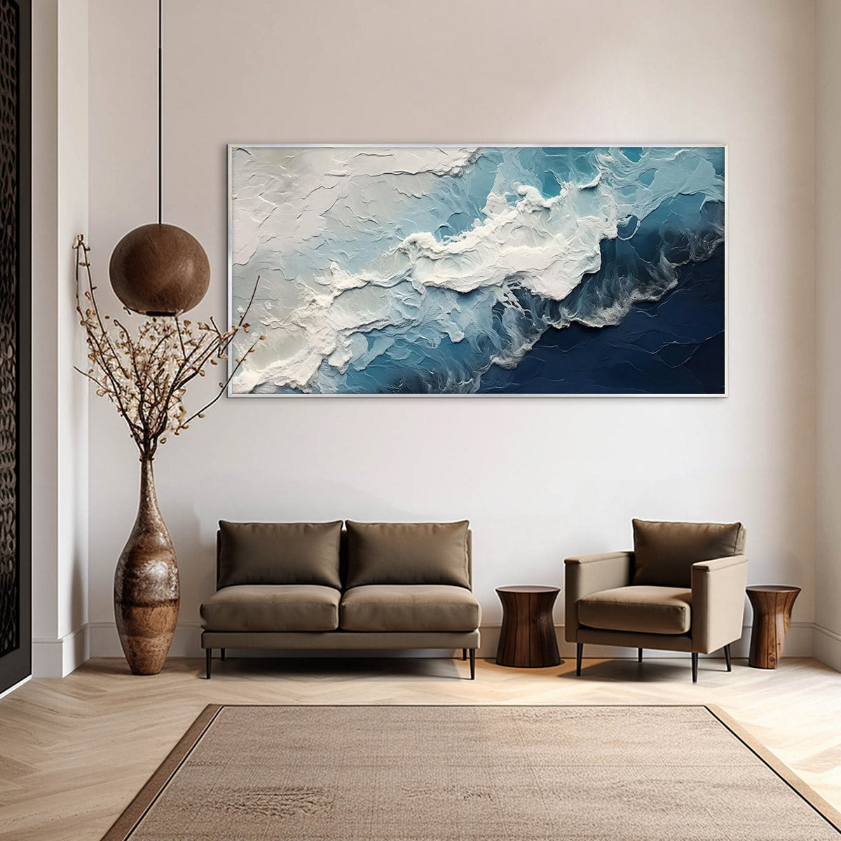 Ocean's Embrace hand-painted white and ocean blue textured coastal abstract painting shown with white frame
