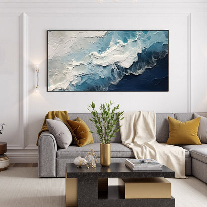 Ocean's Embrace hand-painted white and ocean blue textured coastal abstract painting rolled canvas option