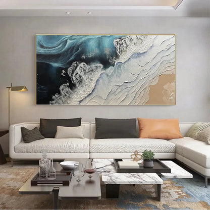 Ocean’s Embrace hand-painted white, beige and ocean blue textured seascape painting rolled canvas option