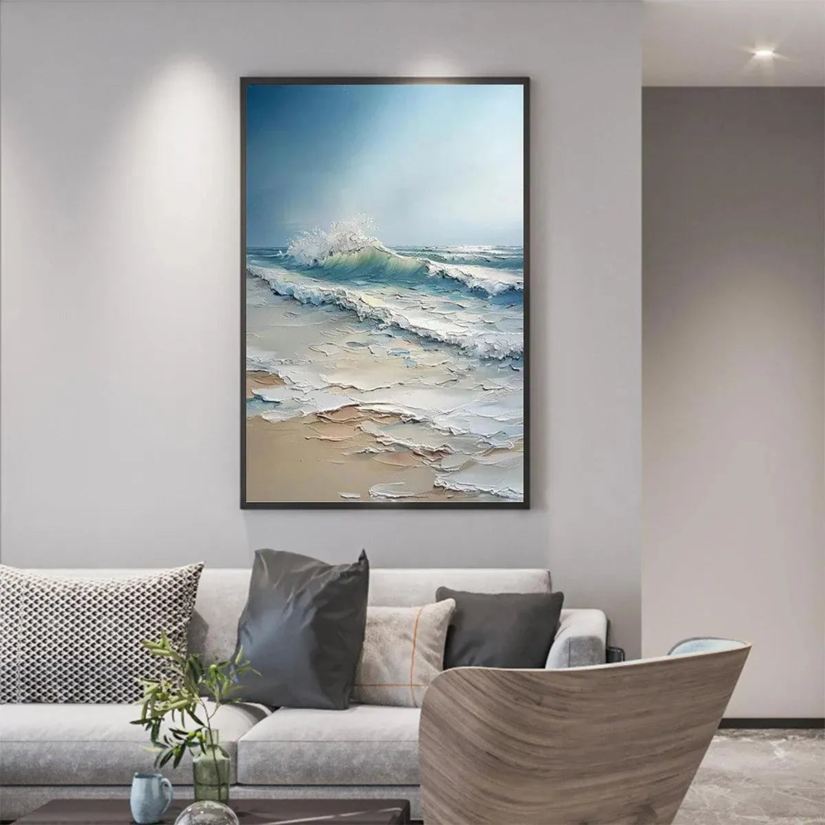 Ocean's Embrace hand-painted ocean blue, ivory and soft neutral tones textured ocean wave painting shown as stretched canvas