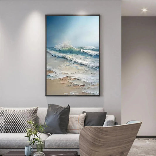 Ocean's Embrace hand-painted ocean blue, ivory and soft neutral tones textured ocean wave painting shown as stretched canvas