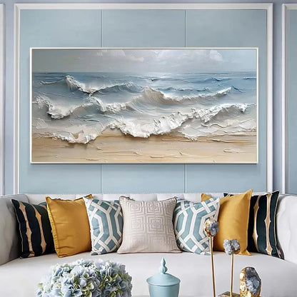 Ocean's Embrace hand-painted ocean blue, ivory and soft neutral tones textured seascape painting shown as stretched canvas