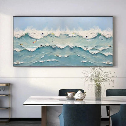 Ocean's Heartbeat hand-painted ocean blue, ivory and soft neutral tones textured surfer ocean painting shown with black frame