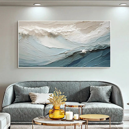 Oceanic Symphony hand-painted beige and ivory textured ocean wave painting rolled canvas option