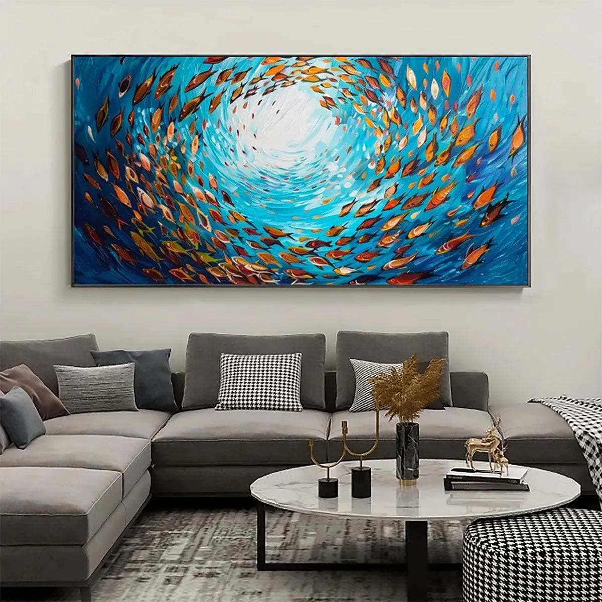 Oceanic Whirl hand-painted ocean blue and ivory textured school of fish painting shown with black frame