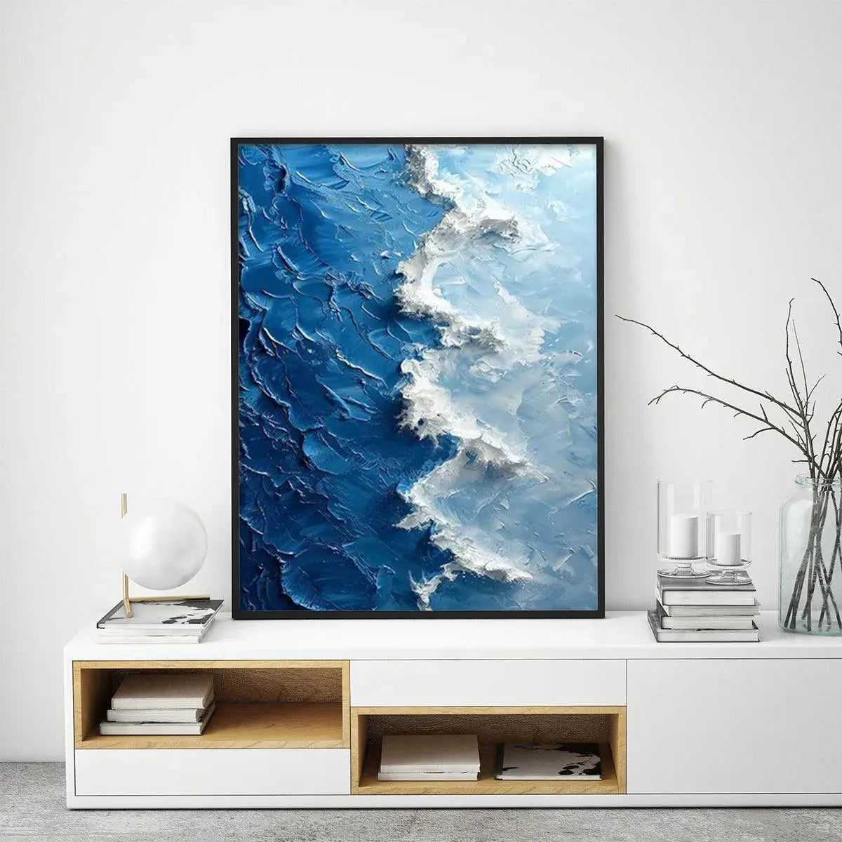 Oceanic Whispers hand-painted ocean blue and ivory textured coastal abstract painting shown with gold frame