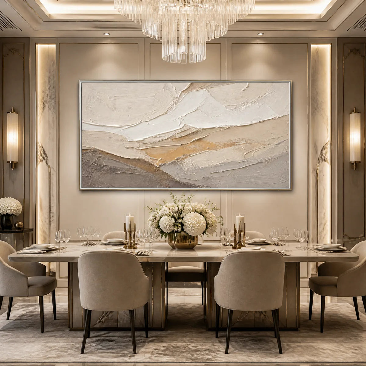 Pale Ridge hand-painted white and beige textured abstract mountain painting