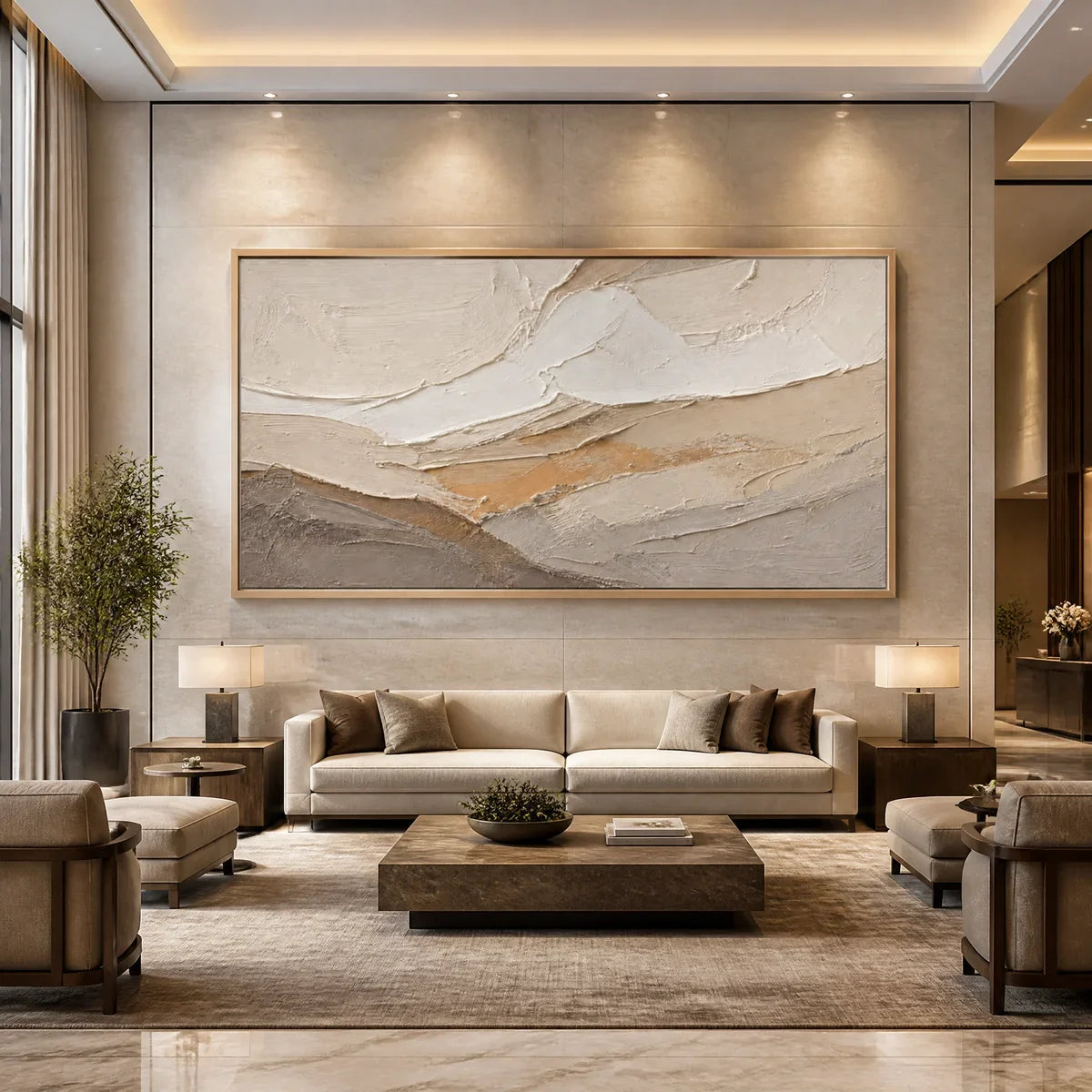 Pale Ridge hand-painted white and beige textured abstract mountain painting
