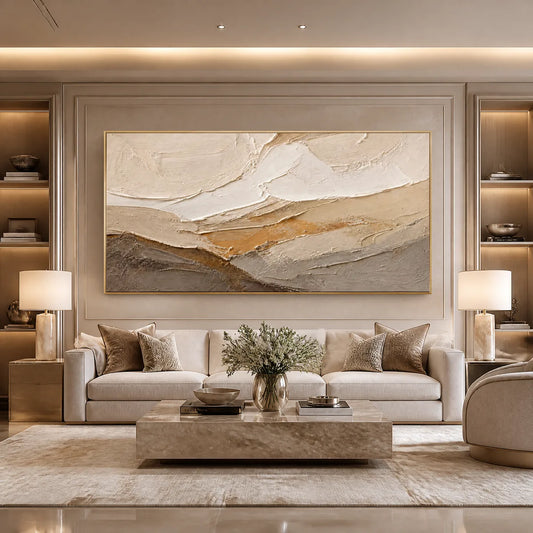 Pale Ridge hand-painted white and beige textured abstract mountain painting