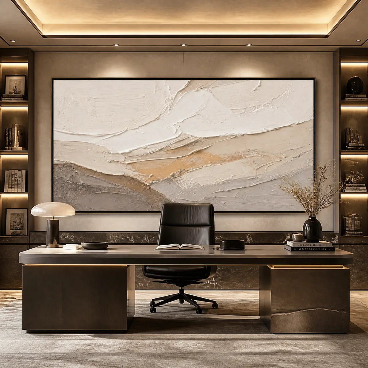 Pale Ridge hand-painted white and beige textured abstract mountain painting