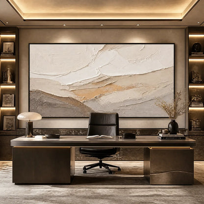 Pale Ridge hand-painted white and beige textured abstract mountain painting
