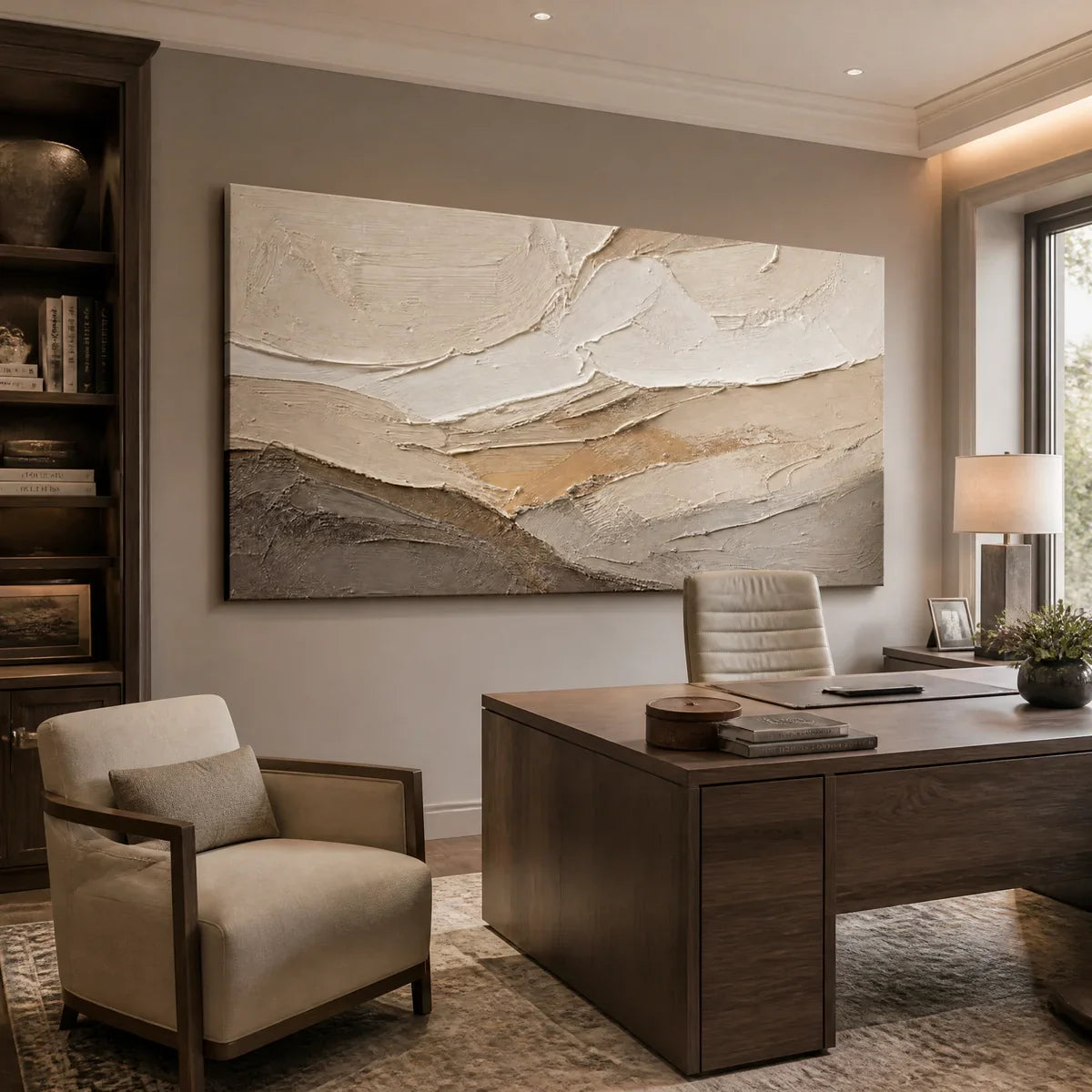 Pale Ridge hand-painted white and beige textured abstract mountain painting
