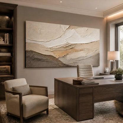Pale Ridge hand-painted white and beige textured abstract mountain painting