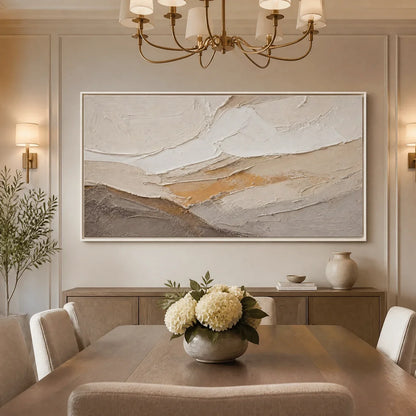 Pale Ridge hand-painted white and beige textured abstract mountain painting