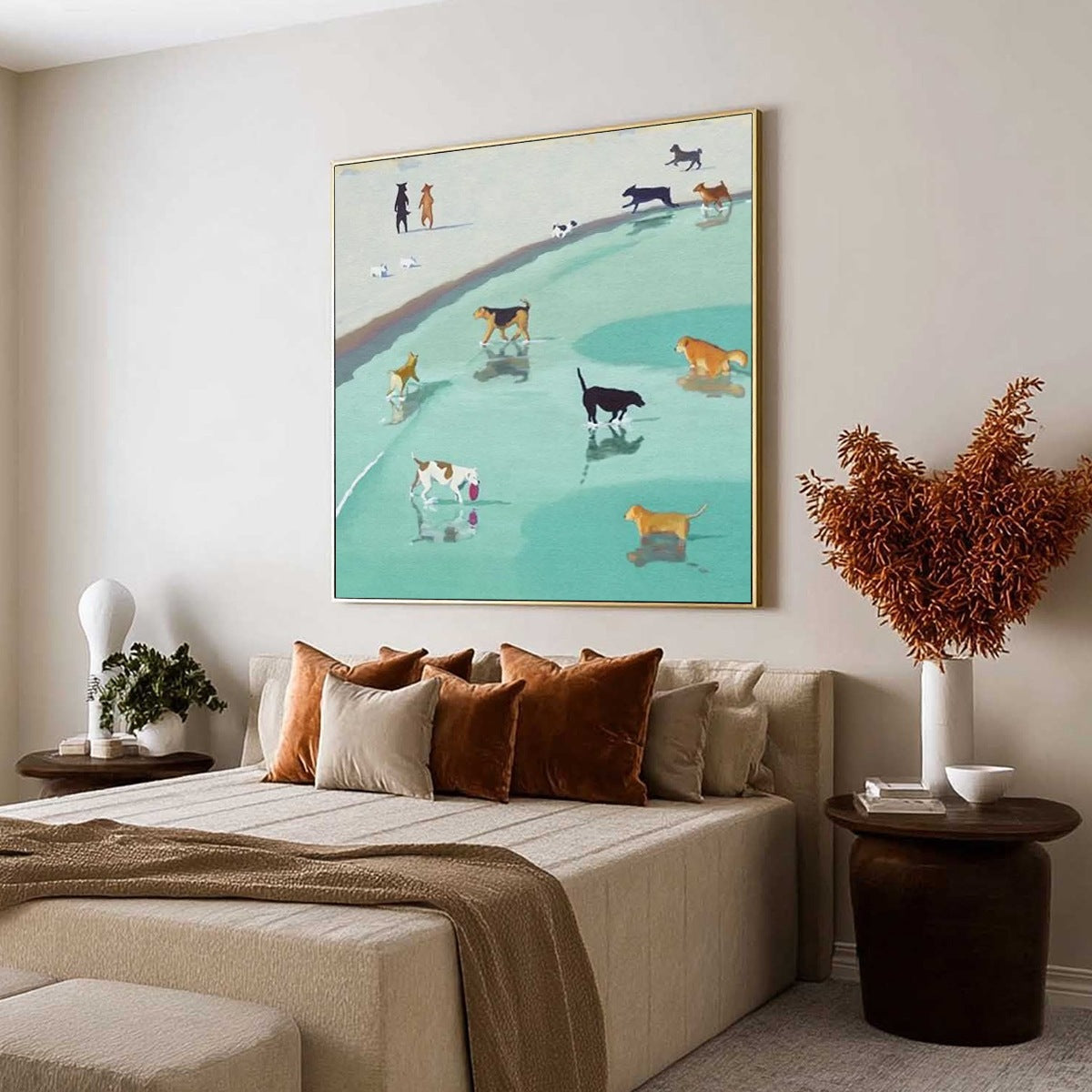 Minimalist Beach Oil Painting – Paws At Tide