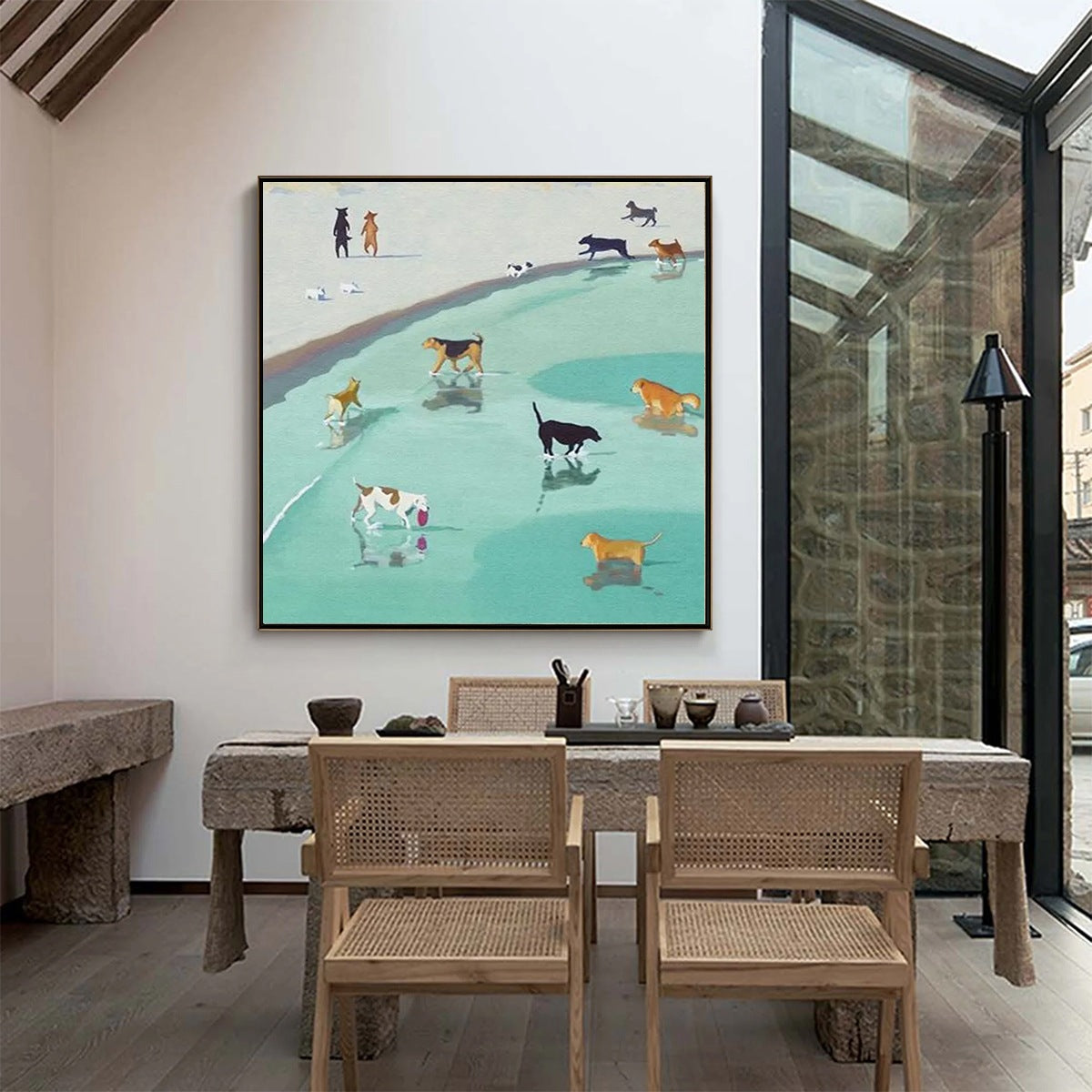 Minimalist Beach Oil Painting – Paws At Tide