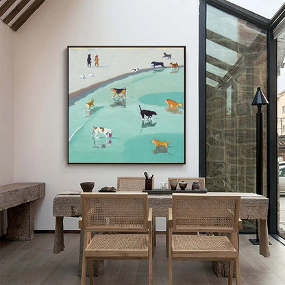Minimalist Beach Oil Painting – Paws At Tide