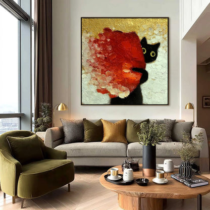 Gold and Red Cat Impasto Oil Painting – Peekaboo