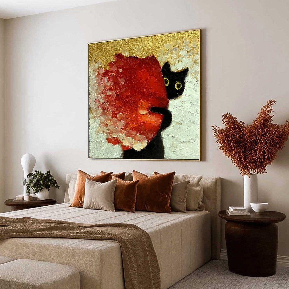 Gold and Red Cat Impasto Oil Painting – Peekaboo