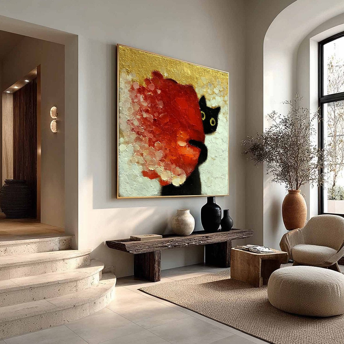 Gold and Red Cat Impasto Oil Painting – Peekaboo
