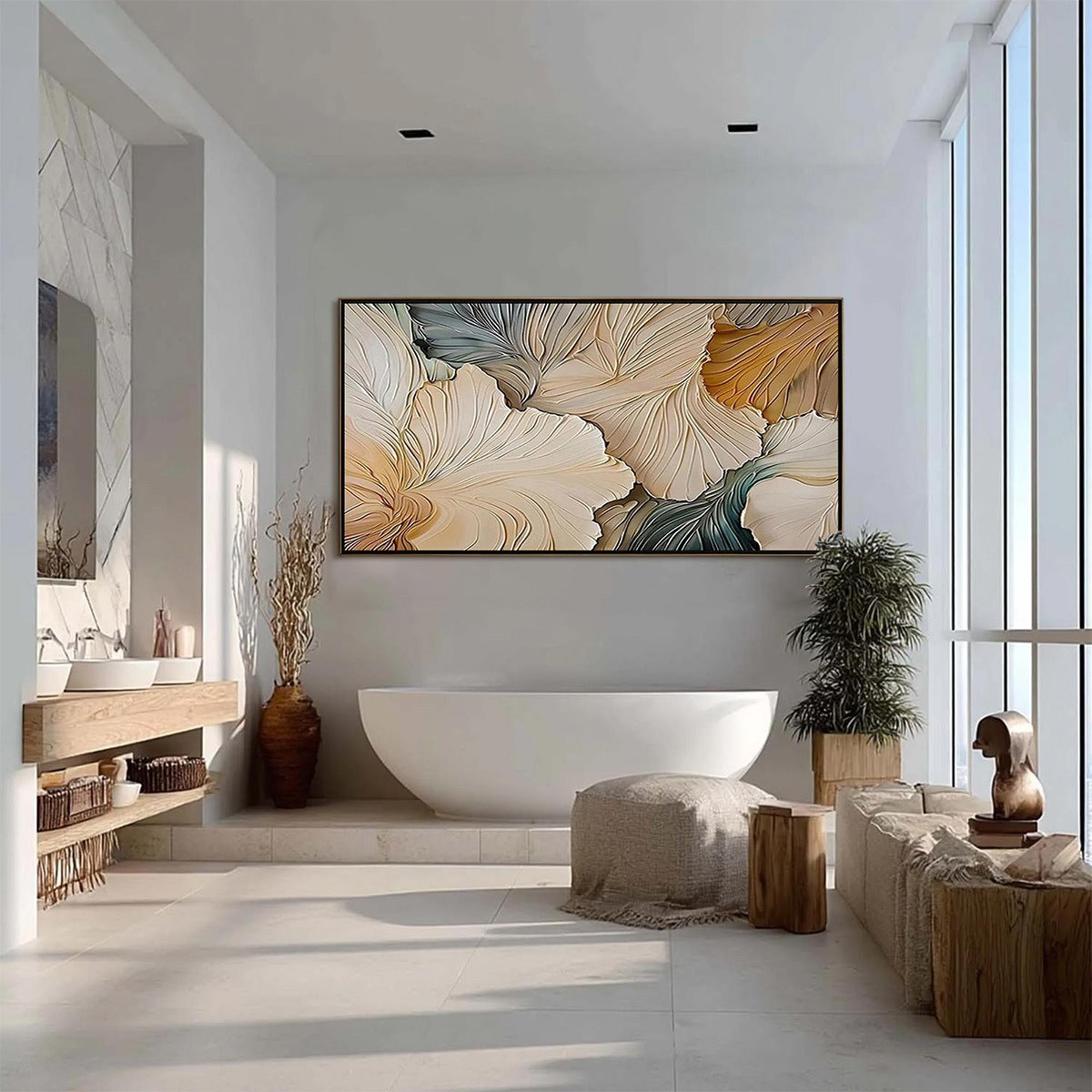 White and Beige Wabi-Sabi Floral Impasto Painting – Petal Whispers