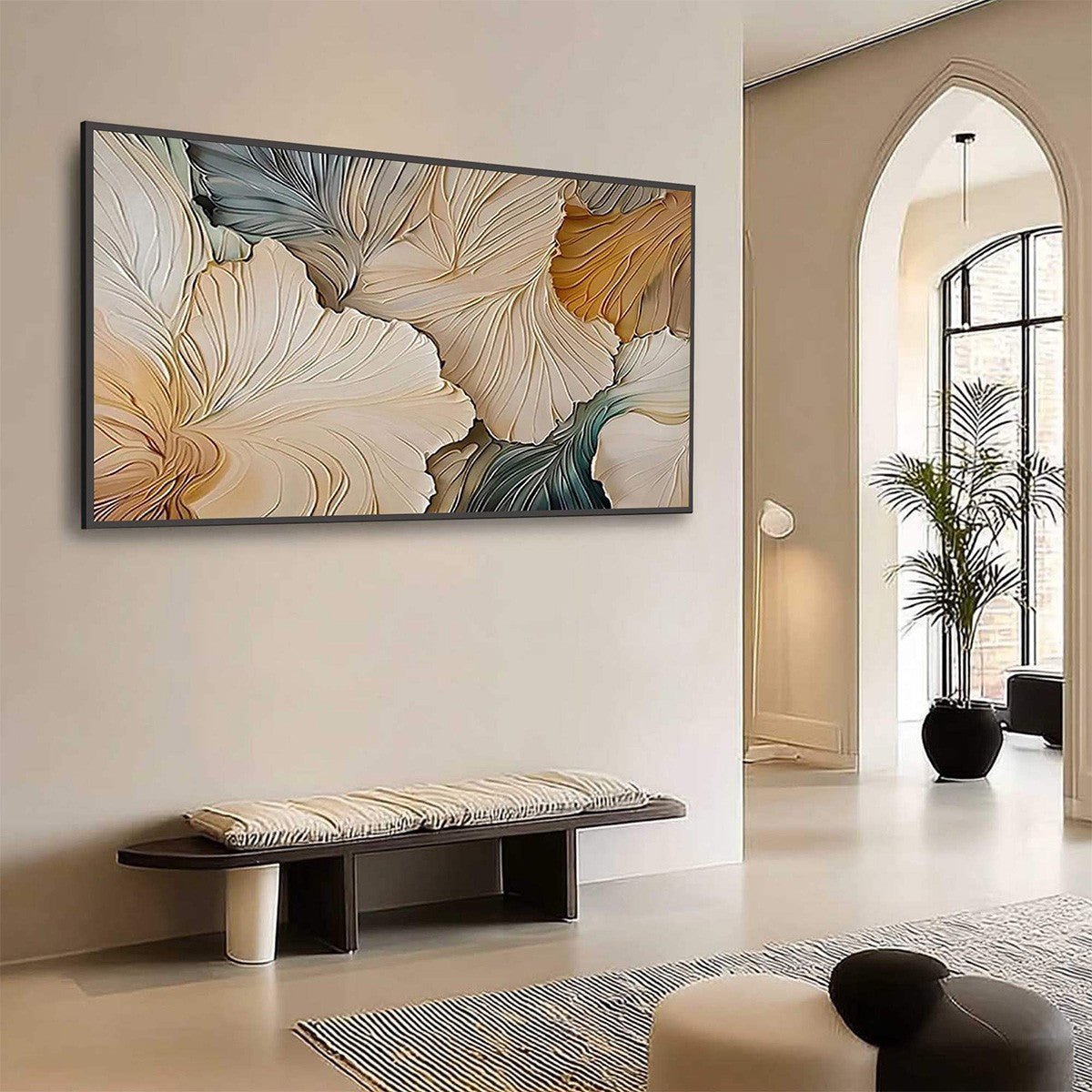 White and Beige Wabi-Sabi Floral Impasto Painting – Petal Whispers