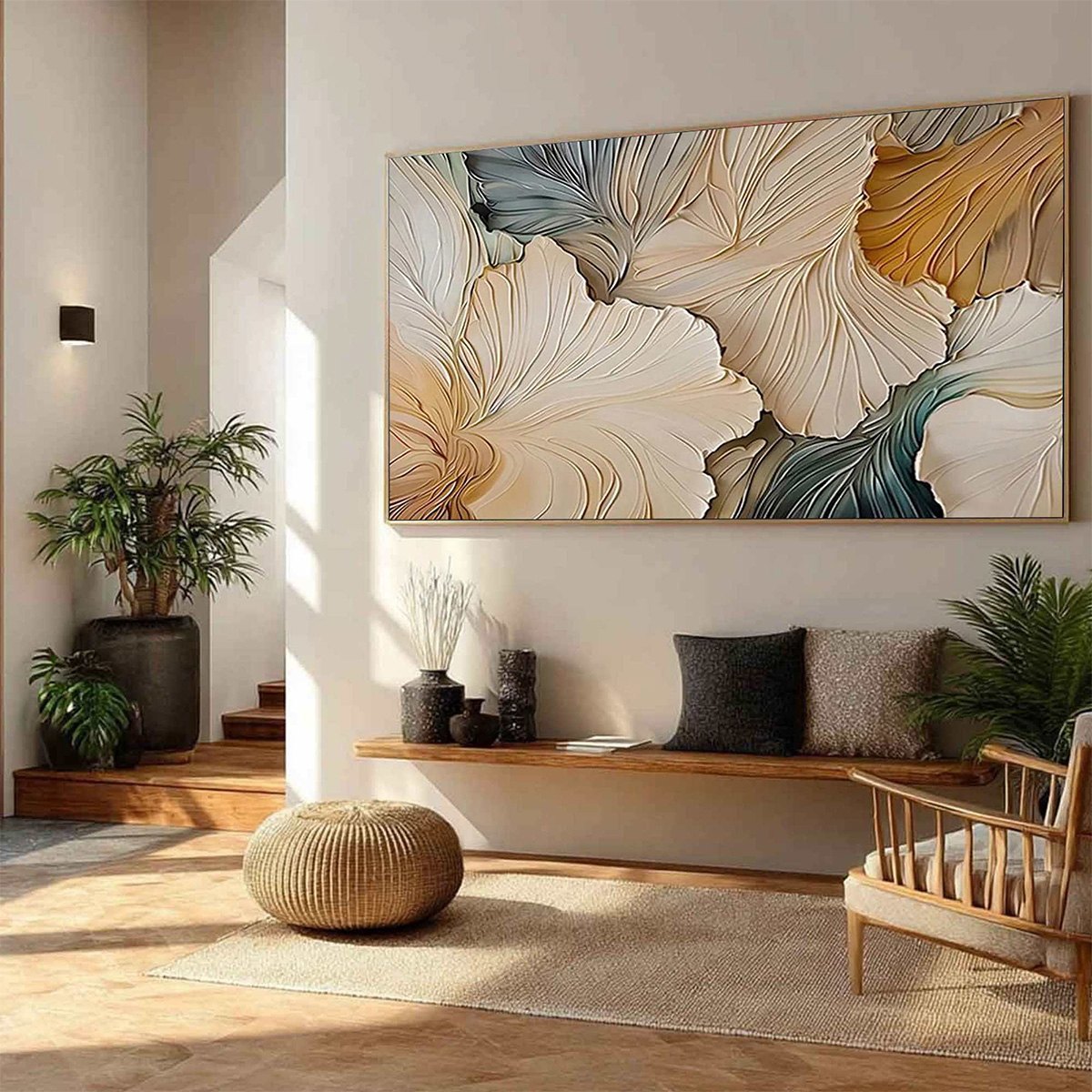 White and Beige Wabi-Sabi Floral Impasto Painting – Petal Whispers