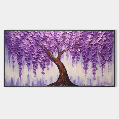 Purple Wisteria hand-painted violet and ivory textured blossom tree painting rolled canvas option