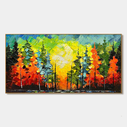 Autumn Symphony hand-painted green, yellow, orange and red textured forest landscape painting rolled canvas option