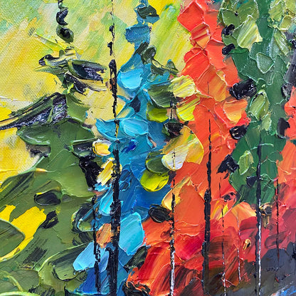 Autumn Symphony hand-painted green, yellow, orange and red textured forest landscape painting shown with black frame