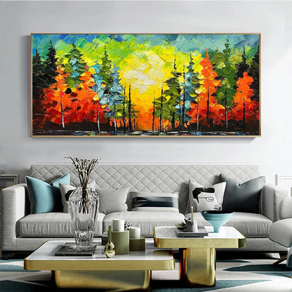 Autumn Symphony hand-painted green, yellow, orange and red textured forest landscape painting shown as stretched canvas