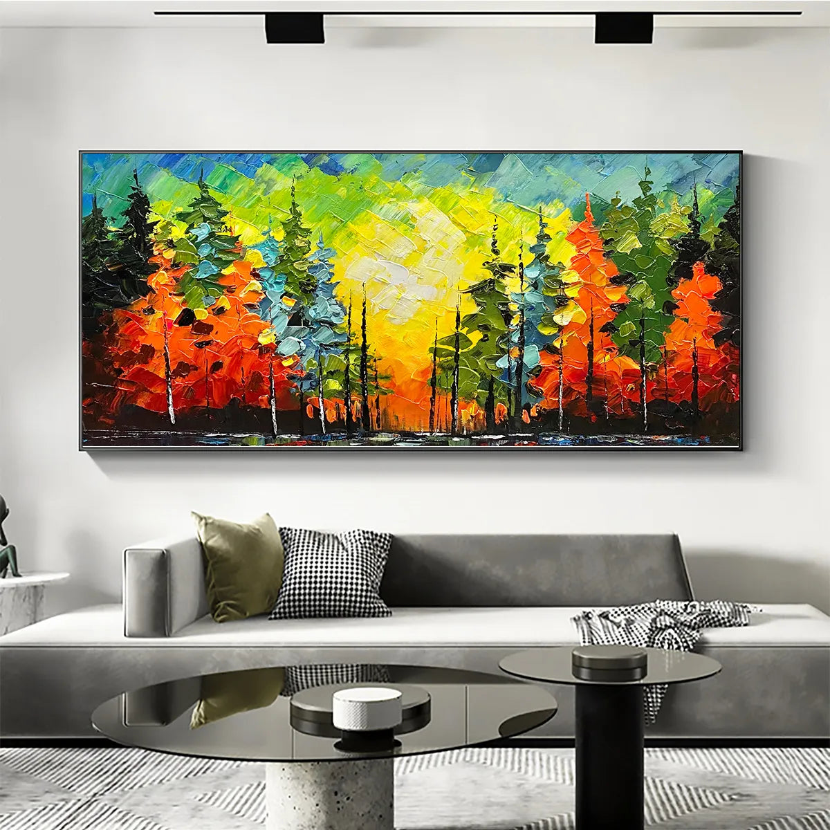 Autumn Symphony hand-painted green, yellow, orange and red textured forest landscape painting shown with wood frame