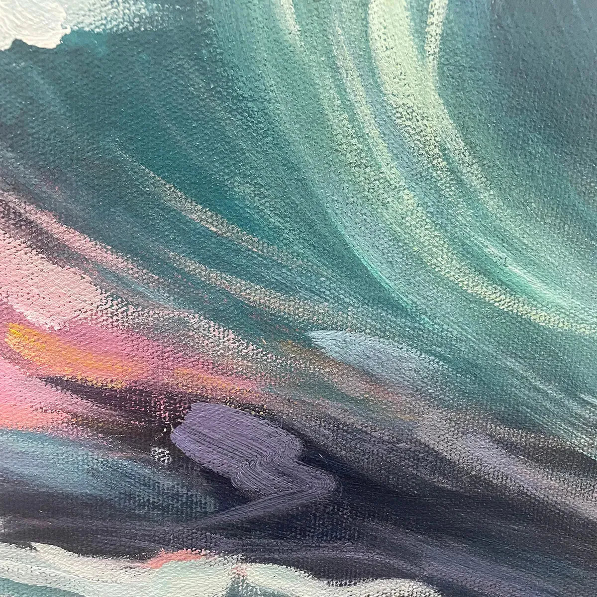 Ocean's Embrace hand-painted teal, ocean blue, orange and pink textured sunset seascape painting shown with gold frame