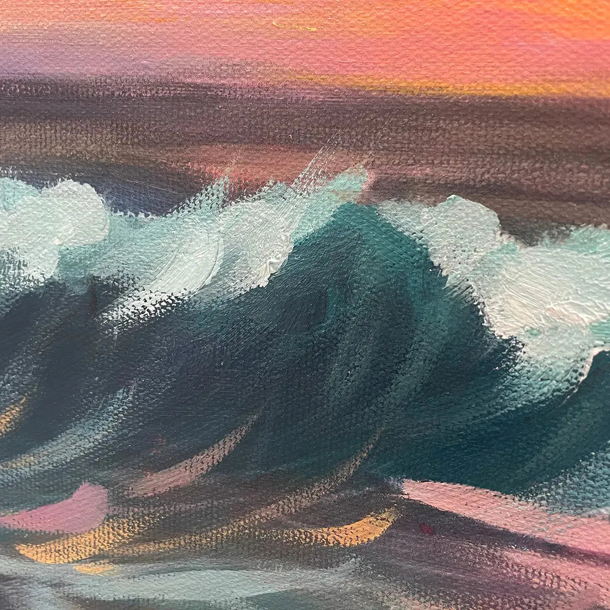 Ocean's Embrace hand-painted teal, ocean blue, orange and pink textured sunset seascape painting shown with black frame