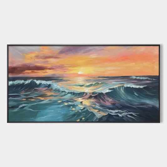 Ocean's Embrace hand-painted teal, ocean blue, orange and pink textured sunset seascape painting rolled canvas option