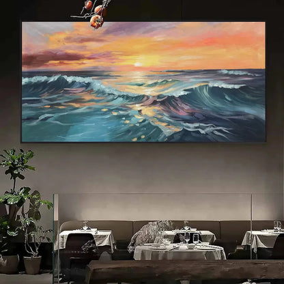 Ocean's Embrace hand-painted teal, ocean blue, orange and pink textured sunset seascape painting shown with wood frame