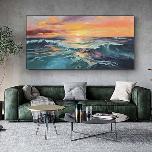 Ocean's Embrace hand-painted teal, ocean blue, orange and pink textured sunset seascape painting shown as stretched canvas