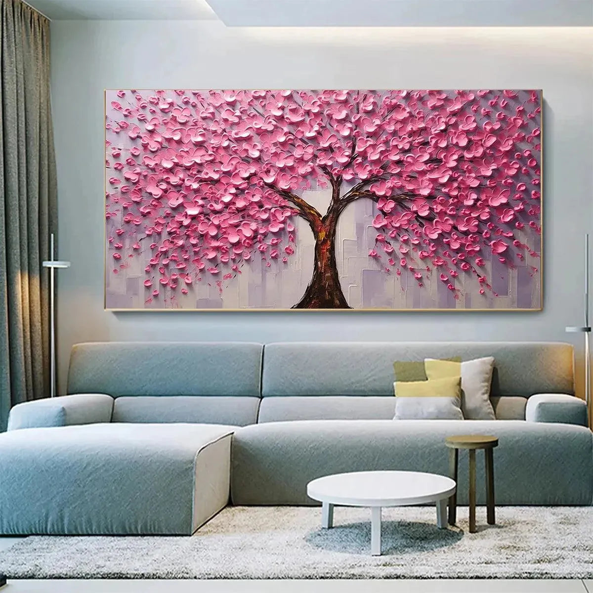 Pink Blossom Abundance hand-painted pink and ivory textured blossom tree painting rolled canvas option