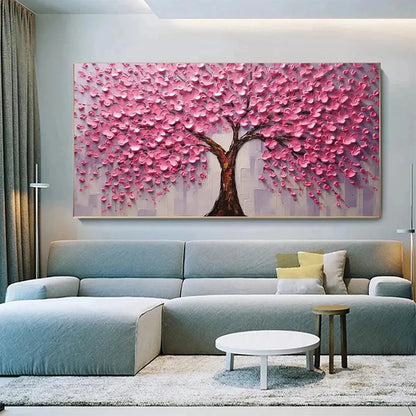 Pink Blossom Abundance hand-painted pink and ivory textured blossom tree painting rolled canvas option