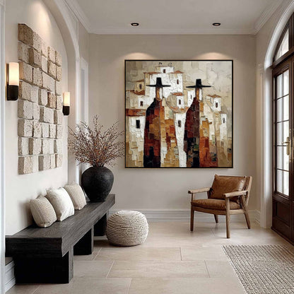 Abstract Figurative Impasto Oil Painting – Pueblo Vigilantes