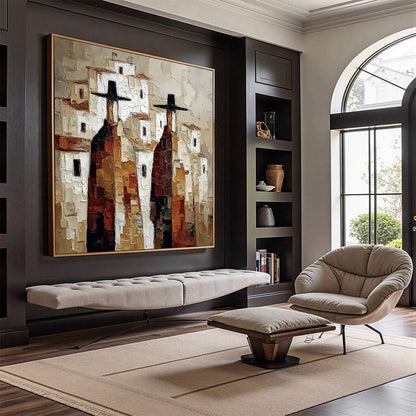 Abstract Figurative Impasto Oil Painting – Pueblo Vigilantes
