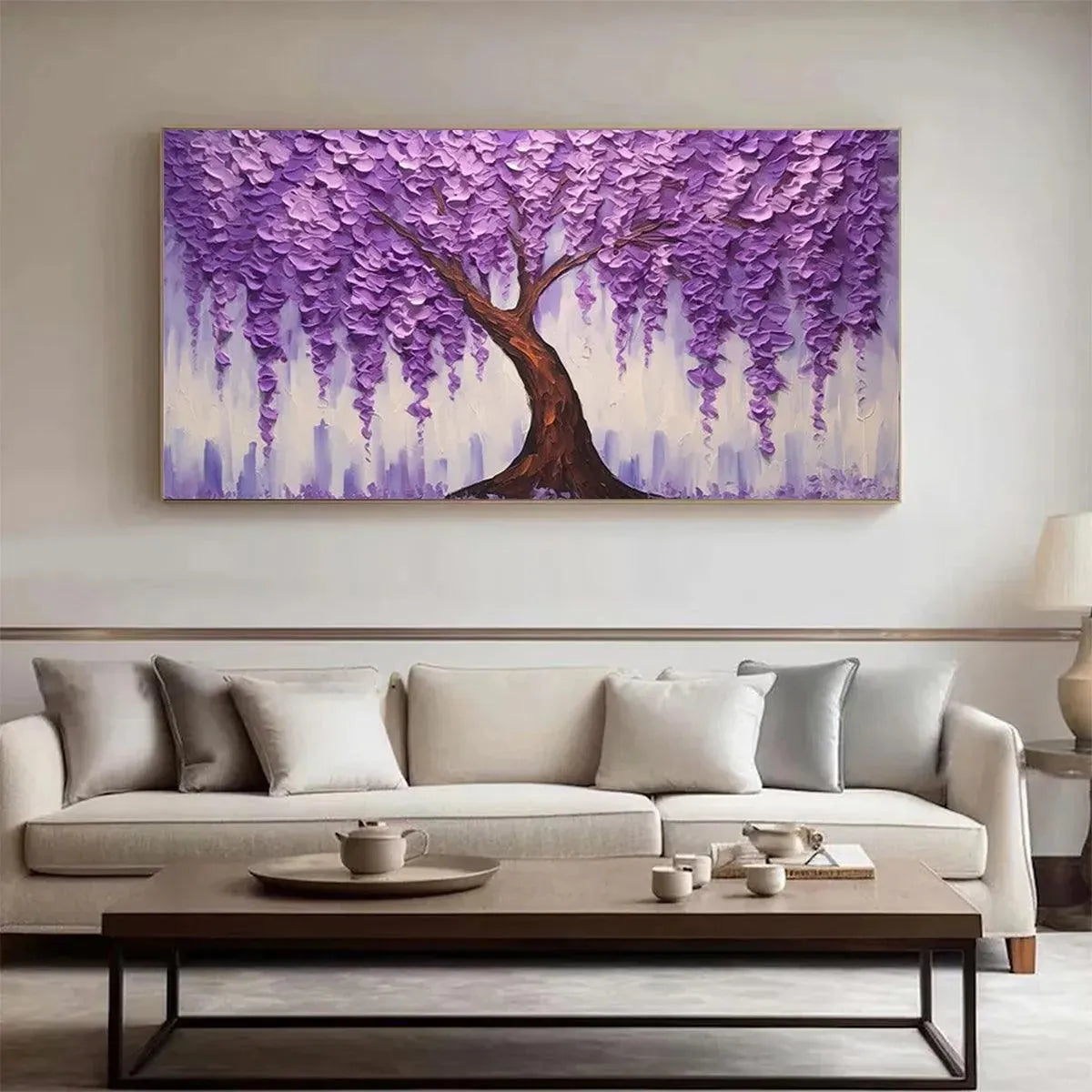 Purple Wisteria hand-painted violet and ivory textured blossom tree painting rolled canvas option